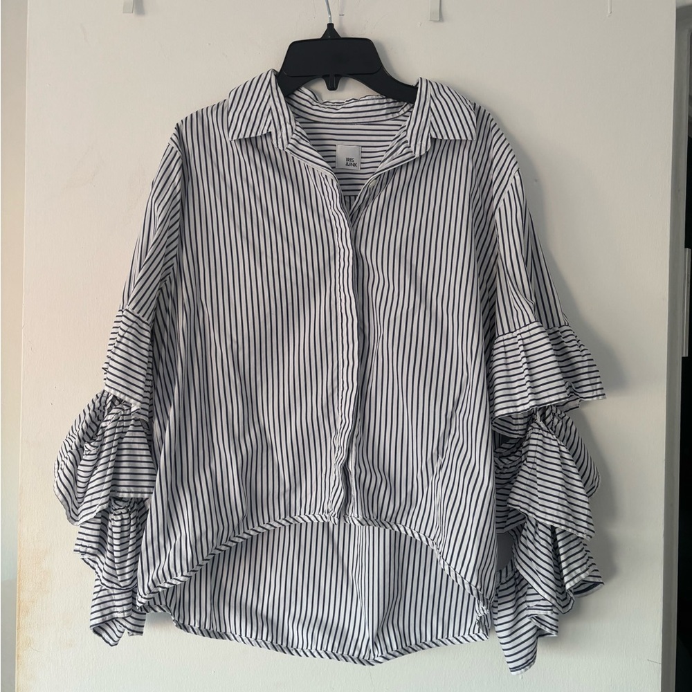 Striped Button Down Shirt with Ruffle Sleeves - Picture 4 of 11